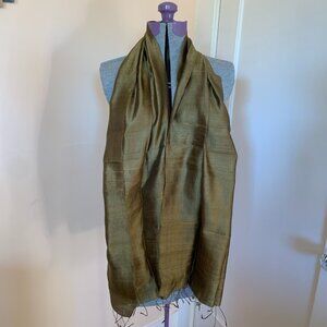 100% Silk Raw Textured Woven Scarf Olive Green Twist Fringe Light Weight 67x1